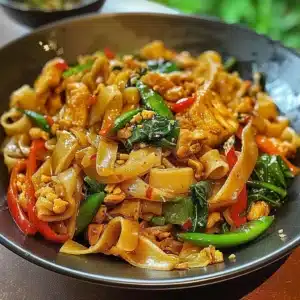 Delicious plate of Thai drunken noodles served street-style with veggies and spices.