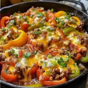Delicious unstuffed pepper skillet with colorful peppers, rice, and spices
