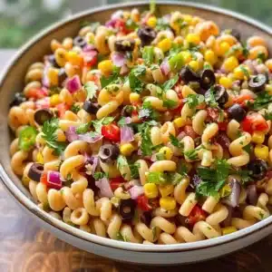 Vibrant Cowboy Caviar Pasta Salad with fresh ingredients served in a bowl