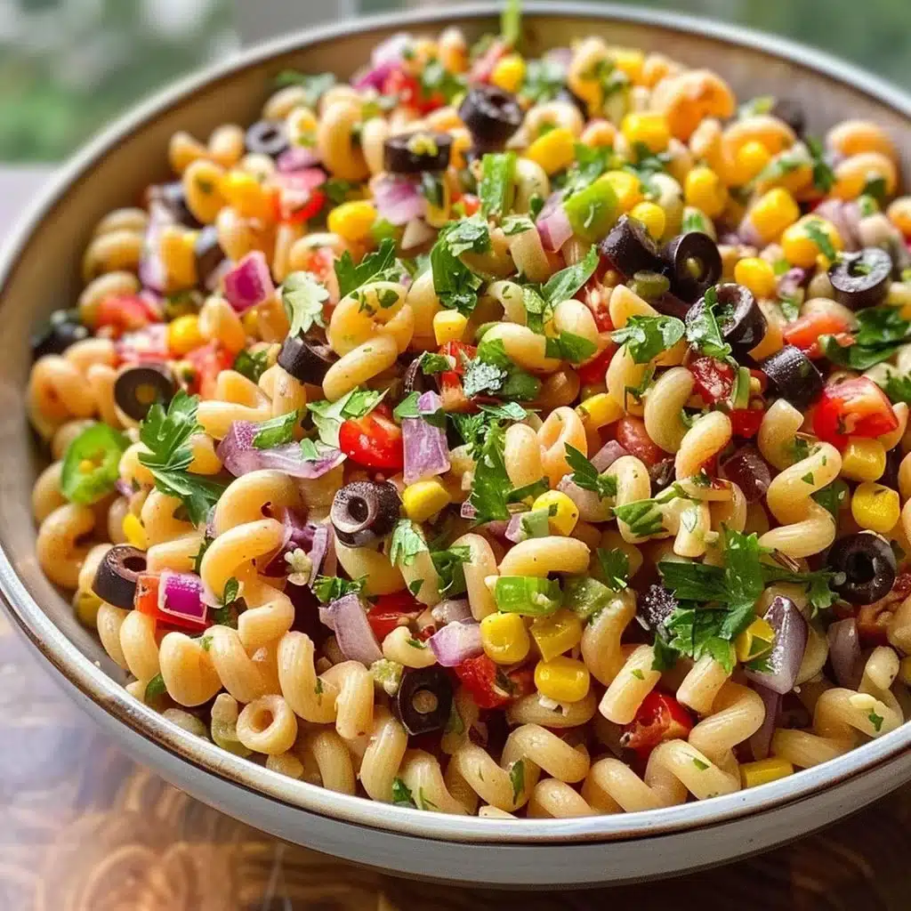 Vibrant Cowboy Caviar Pasta Salad with fresh ingredients served in a bowl