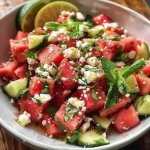 Watermelon feta mint salad with fresh ingredients in a bowl