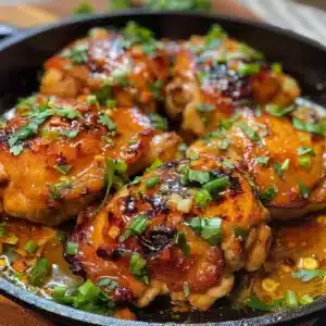 Delicious Bang Bang Chicken Thighs cooked in a skillet with spicy sauce.