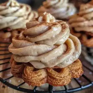 Churro Cookies Recipe with Easy Cinnamon Cream Cheese Frosting 3 Churro cookies drizzled with cinnamon cream cheese frosting on a plate