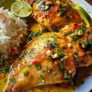 Delicious Coconut Lime Chicken dish garnished with lime slices and fresh herbs