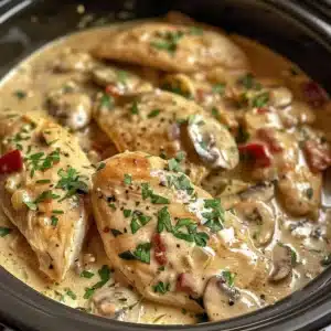 Creamy Crockpot Marry Me Chicken in a serving dish garnished with herbs
