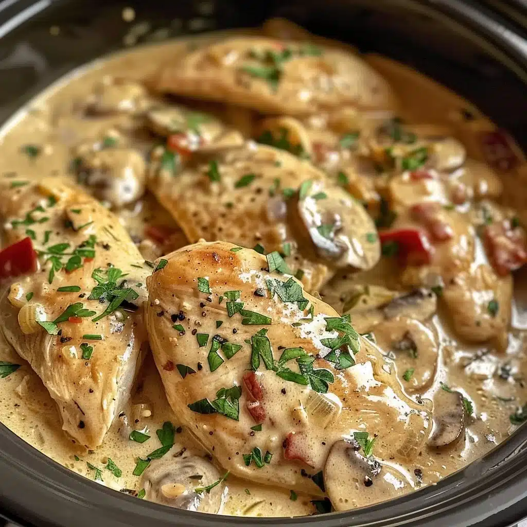Creamy Crockpot Marry Me Chicken in a serving dish garnished with herbs