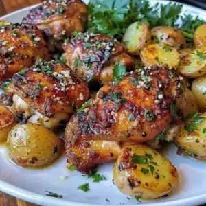 Crispy Parmesan Chicken Thighs with Roasted Potatoes served on a plate