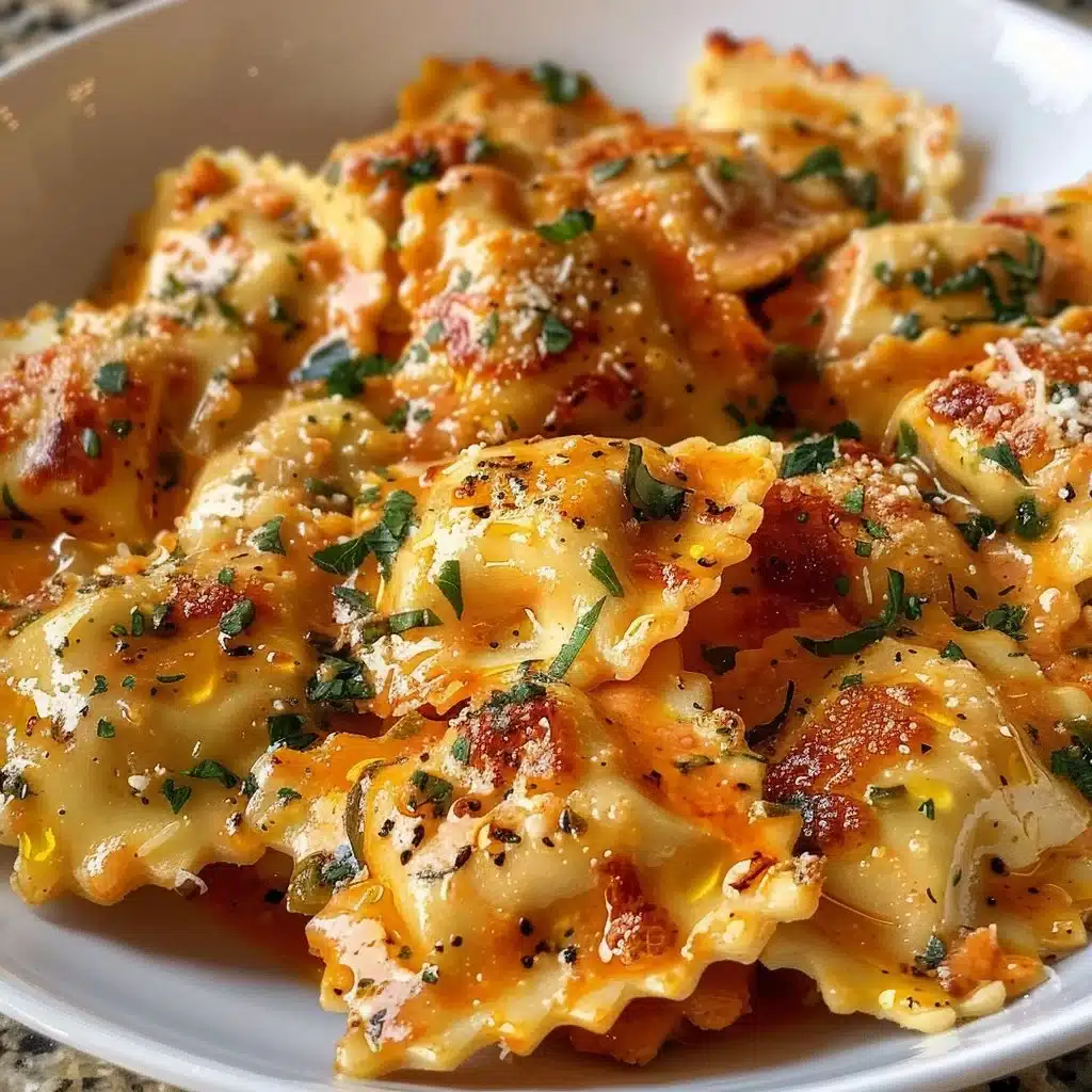 Delicious crockpot ravioli dish served in a bowl with fresh herbs