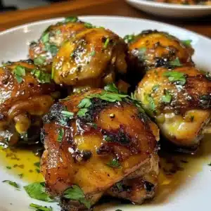 Delicious Cuban Mojo Chicken Thighs served on a plate with fresh herbs.