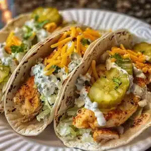 Dill Pickle Ranch Smash Chicken Tacos 3 Dill Pickle Ranch Smash Chicken Tacos served on a plate