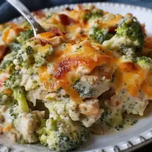 Delicious low-carb chicken broccoli casserole in a baking dish