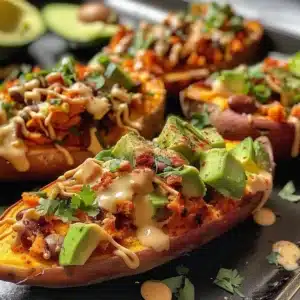 Protein-Packed Sweet Potato Boats 3 Protein-packed sweet potato boats topped with healthy ingredients