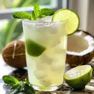A refreshing glass of coconut limeade garnished with lime slices and mint leaves.