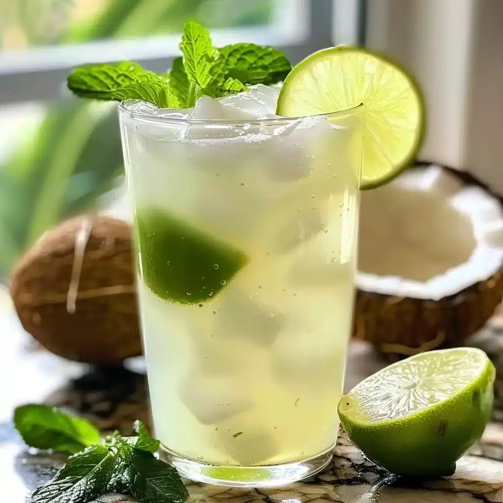 A refreshing glass of coconut limeade garnished with lime slices and mint leaves.