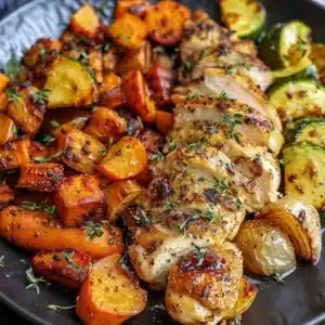 Autumn chicken dinner with roasted vegetables on a plate
