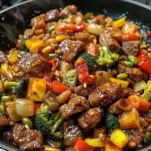 Blackstone cowboy stir fry served in a skillet with colorful vegetables