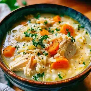 Cozy fall chicken and rice soup in a bowl with herbs on top