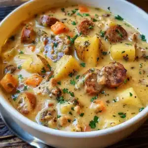 Creamy Potato and Sausage Chowder 3 Bowl of creamy potato and sausage chowder garnished with herbs