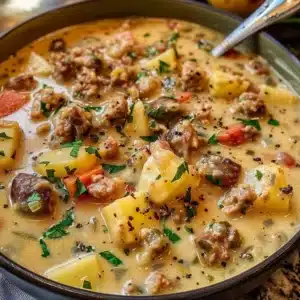 Delicious creamy potato sausage chowder served in a bowl