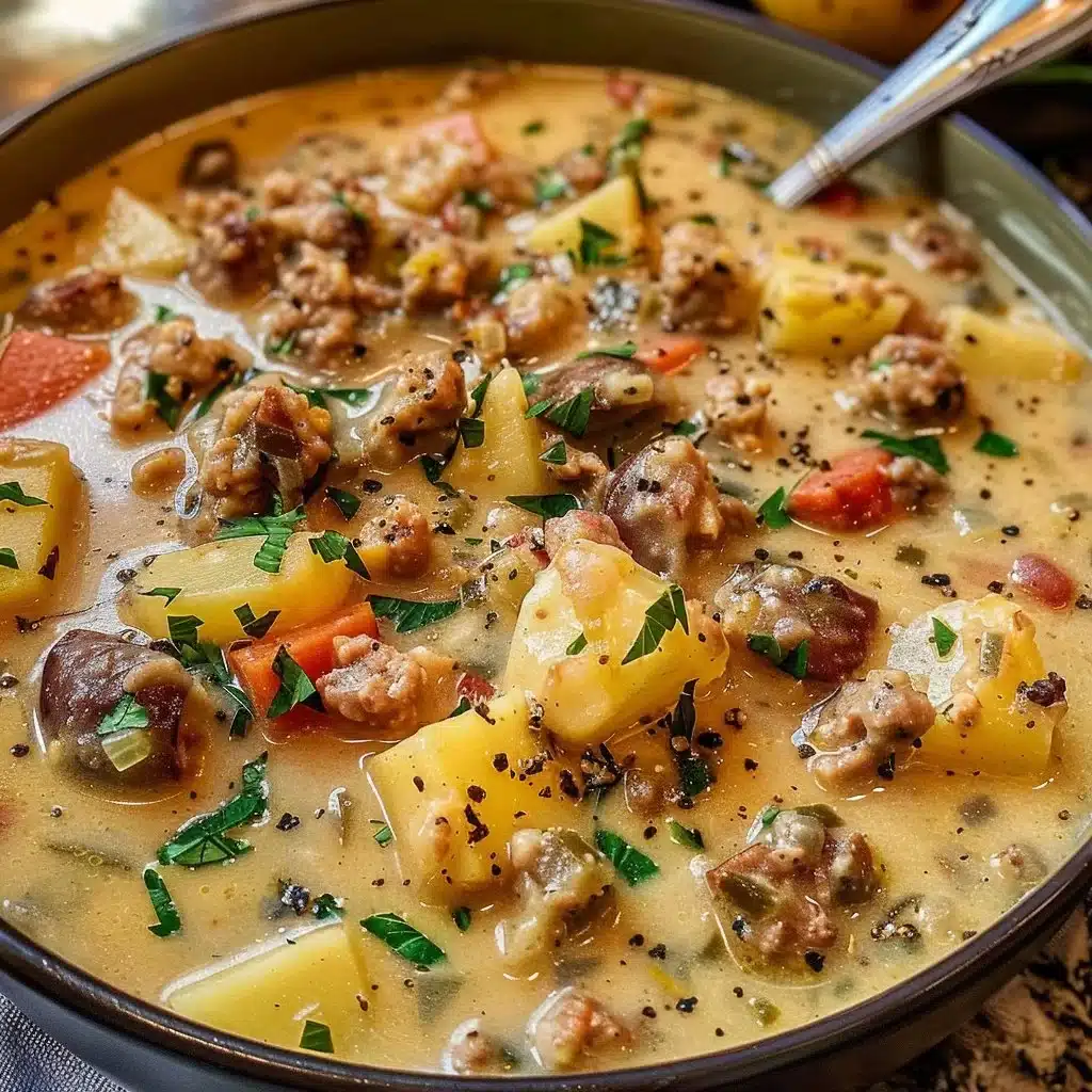 Delicious creamy potato sausage chowder served in a bowl