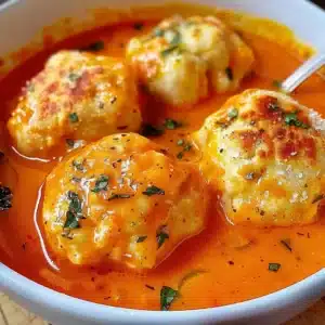 Creamy Tomato Soup with Cheesy Cheddar Bay Dumplings 3 Bowl of creamy tomato soup with cheesy cheddar bay dumplings on the side.