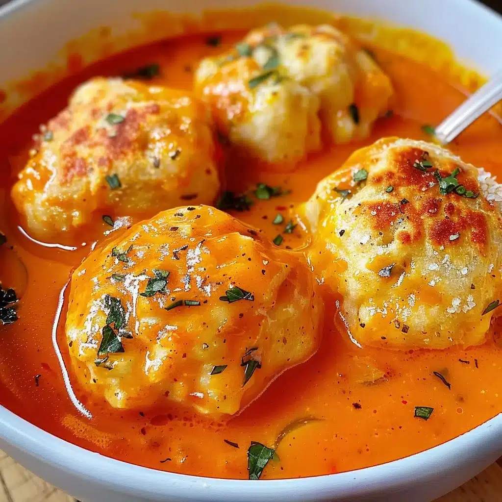 Bowl of creamy tomato soup with cheesy cheddar bay dumplings on the side.