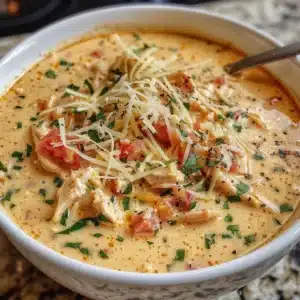 Crock Pot Creamy Chicken Parmesan Soup: Make It Better and Faster 3 Crock Pot creamy chicken parmesan soup in a bowl with basil garnish