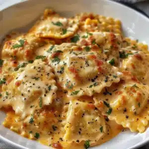 Crockpot Million Dollar Ravioli recipe with cheese and sauce in a slow cooker.