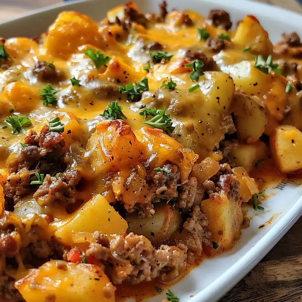 Easy cheesy hobo casserole with ground beef, potatoes, and cheese.