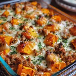 Easy Ground Turkey Sweet Potato Bake in a baking dish, healthy comfort food.