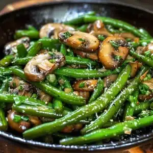 Garlic Butter Sautéed Green Beans with Mushrooms 3 Garlic Butter Sautéed Green Beans with Mushrooms in a skillet
