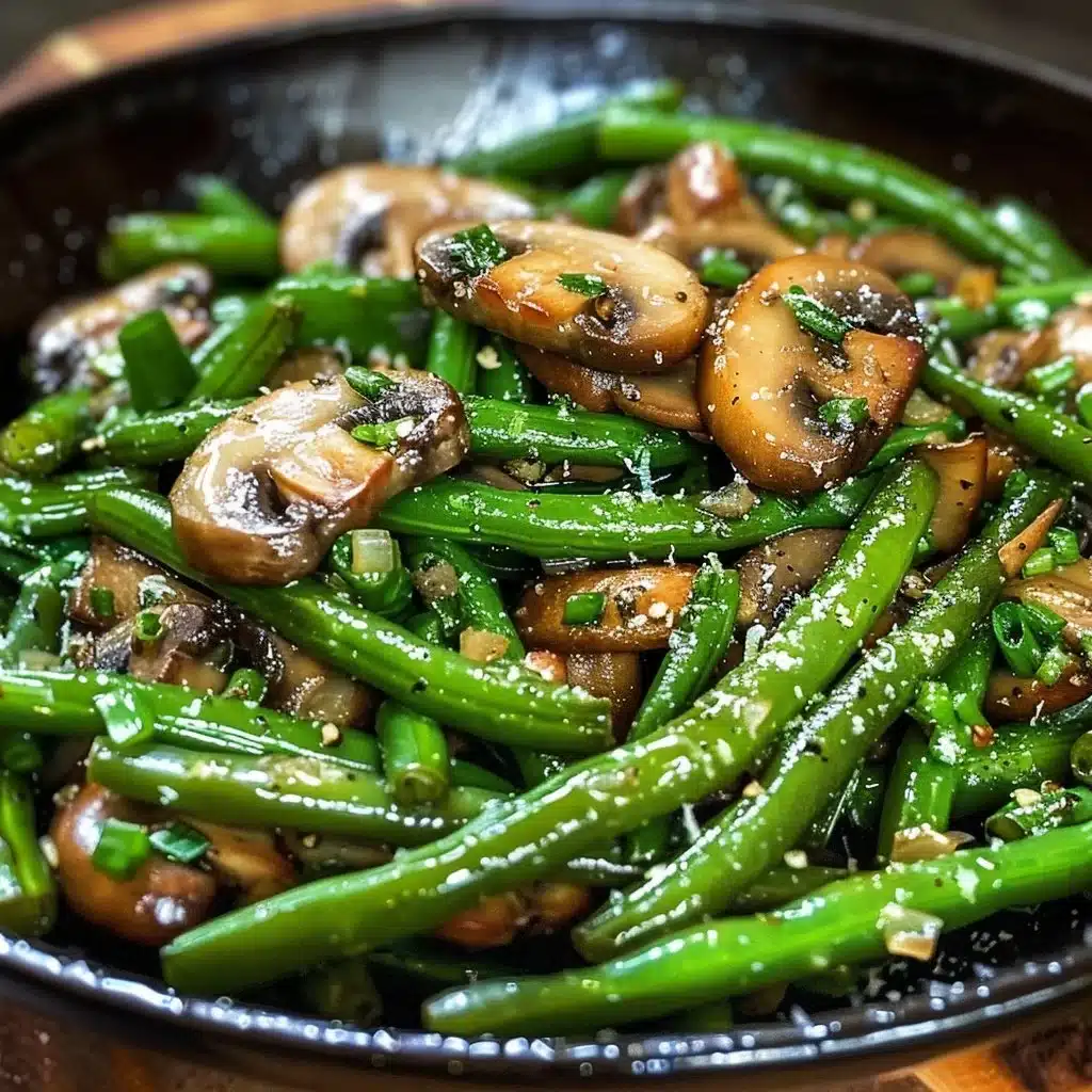 Garlic Butter Sautéed Green Beans with Mushrooms in a skillet