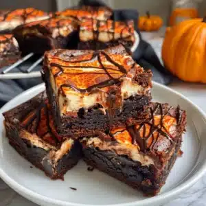 Halloween Cheesecake Brownies Recipe 3 Delicious Halloween Cheesecake Brownies on a festive table