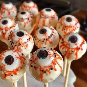 Halloween eyeball cake pops on forks, festive and spooky dessert idea.