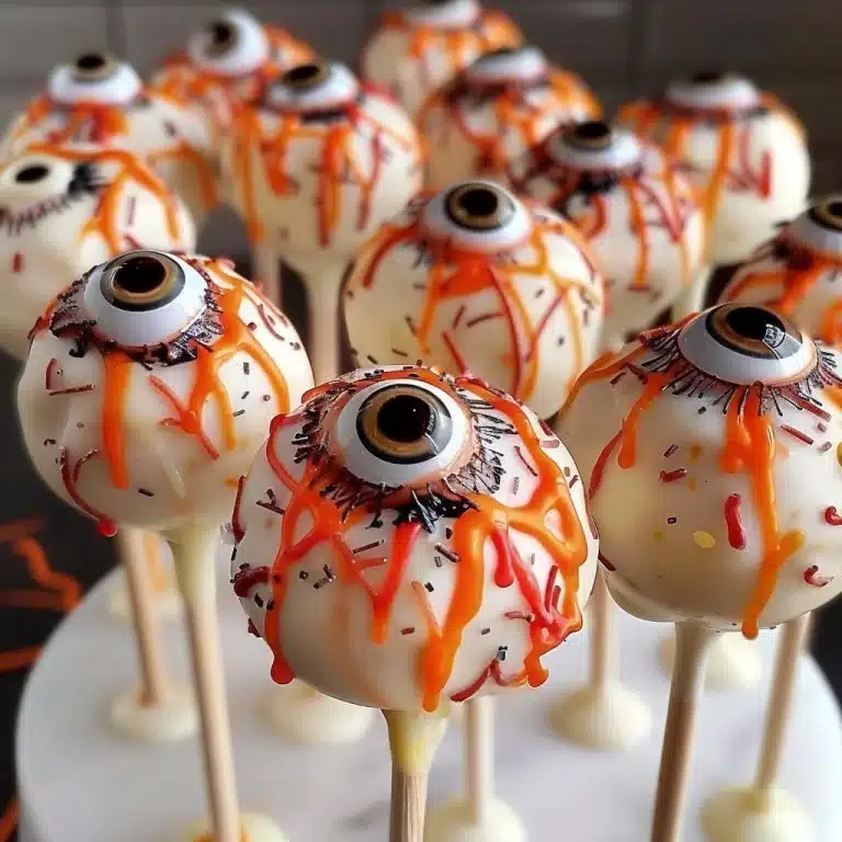 Halloween Eyeball Cake Pops with ForkSpooky Halloween Cake Pops Shaped Like Creepy Eyeballs, Covered in Smooth White Chocolate, Decorated with Colorful Irises and Red Veins, and Served on Forks for...