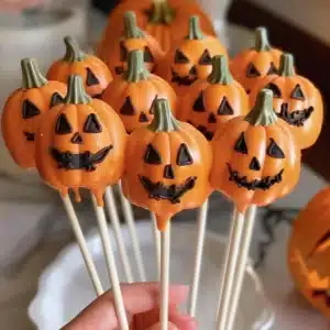 Halloween Jack-O'-Lantern Cake Pops decorated with orange and green icing