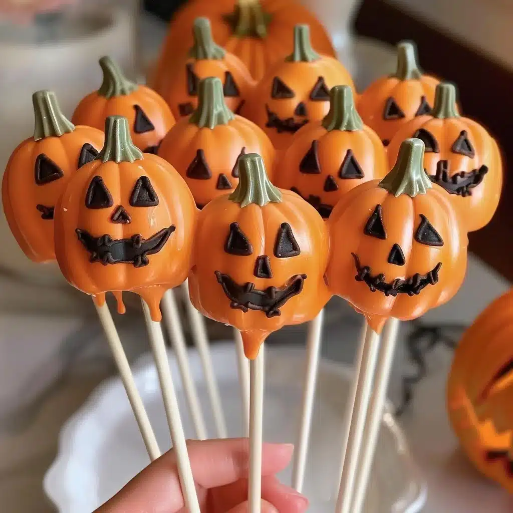 Halloween Jack-O'-Lantern Cake Pops decorated with orange and green icing