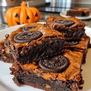 Halloween Oreo Brownies Recipe 3 Delicious Halloween Oreo brownies on a festive plate