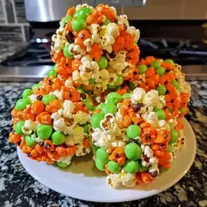 Colorful Halloween popcorn balls ready to be served as a festive treat.