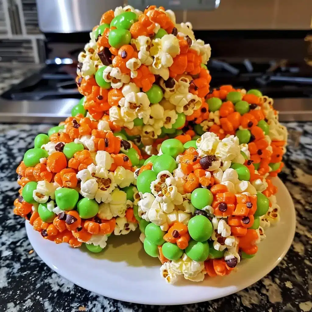 Colorful Halloween popcorn balls ready to be served as a festive treat.