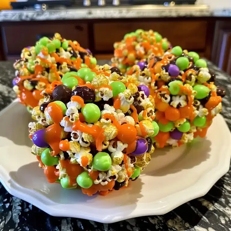 Halloween Popcorn BallsIngredients:
2 bags microwave popcorn, popped (about 18 cups)
8 cups miniature marshmallows
1/2 cup butter
2-3 drops neon green gel food coloring, plus more if desired