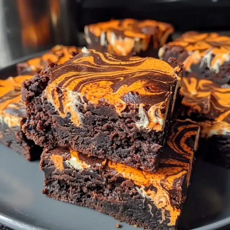 Halloween-Style Cream Cheese Swirl Brownies Recipe 2 Halloween Swirl Cream Cheese BrowniesIngredients
1 cup granulated white sugar
1/2 cup all-purpose flour
1/2 cup Hershey’s Special Dark cocoa powder
1/2 teaspoon salt
1/4 teaspoon baking powder
2 lar...