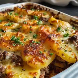 Healthy Beef and Potato Bake for Easy Family Dinner 3 Healthy beef and potato bake served in a casserole dish for family dinner