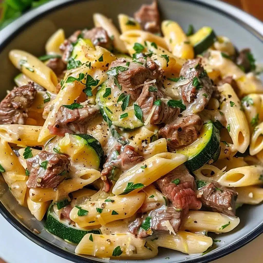 Healthy creamy steak penne with zucchini and parmesan in a bowl