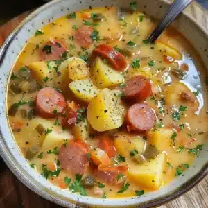 Bowl of hearty Kielbasa Potato Soup with fresh herbs and vegetables