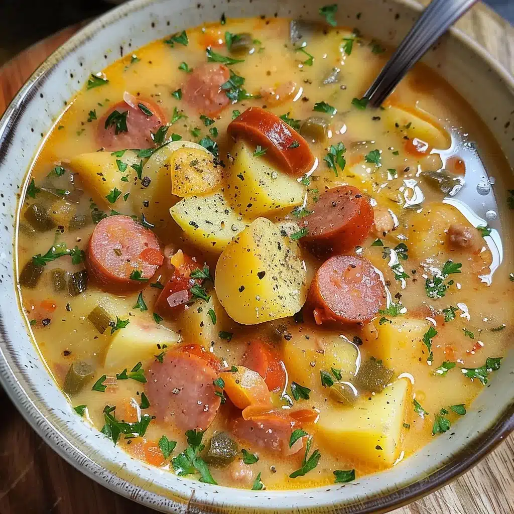 Bowl of hearty Kielbasa Potato Soup with fresh herbs and vegetables