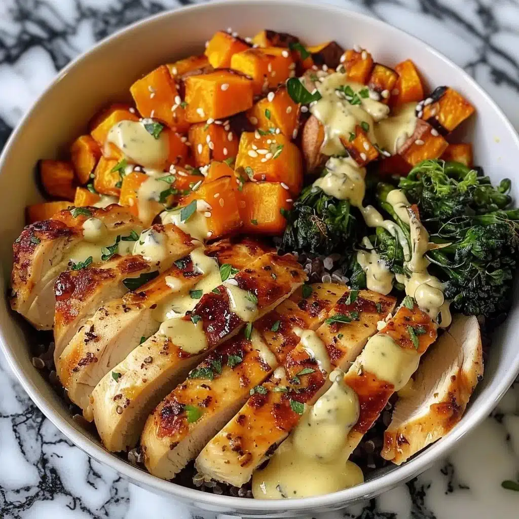 Maple Dijon Chicken and Sweet Potato Bowl topped with fresh ingredients.