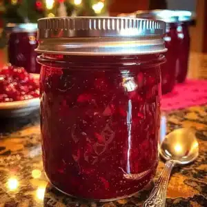 Merry Christmas Jam featuring strawberries and cranberries in a jar
