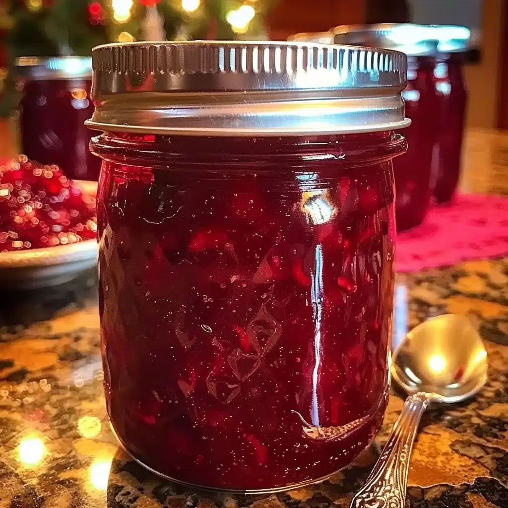 Merry Christmas Jam featuring strawberries and cranberries in a jar