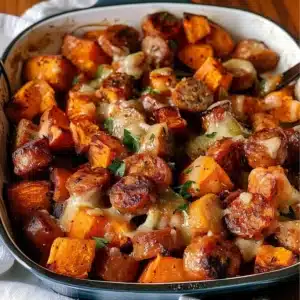 One-pan sausage and sweet potato bake prepared for a healthy dinner